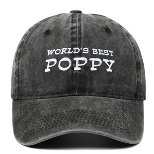 Gewaschene schwarze Denim-Basecap mit weißer World's Best Poppy Stickerei