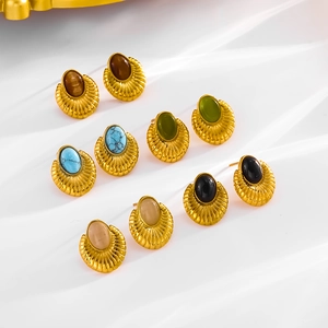 Minimalist turquoise teardrop stud earrings in gold texture setting with multi-color stones