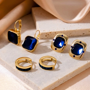 Geometric Square Deep Blue Gemstone Earrings Stainless Steel Gold Plated Retro Luxury Jewelry For Women