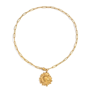 Elegant gold stainless steel sunflower pendant necklace on a paperclip chain for women