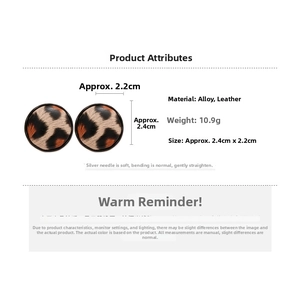 Detail specifications for leopard print round earrings showing material and 2.4cm size