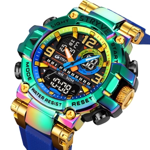 Close-up of colorful electroplated watch case and blue silicone strap of a dual-display watch