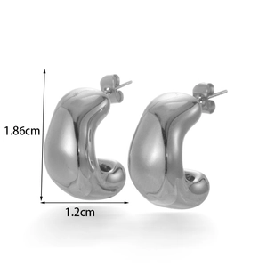 Polished silver stainless steel C-shaped teardrop earrings with a glossy mirror finish