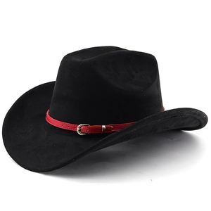 Klassischer schwarzer Western-Cowboyhut aus Wildleder mit rotem Band und Metallschnalle