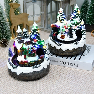 Vintage Christmas resin music box with glowing LED village scene and rotating train