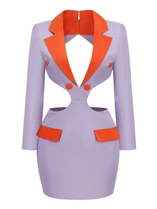 Detail of lavender blazer dress featuring orange notched lapels and waist cut-outs