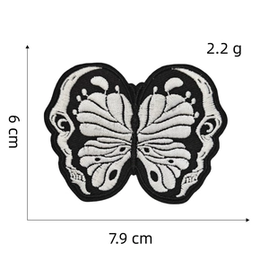 Black and white butterfly skull embroidery patch with size dimensions 7.9 x 6 cm