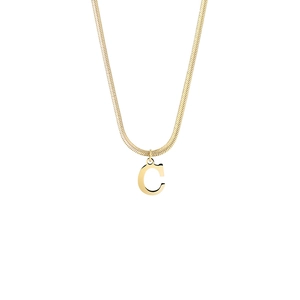 Macro detail of polished gold snake chain with a minimalist letter C pendant charm