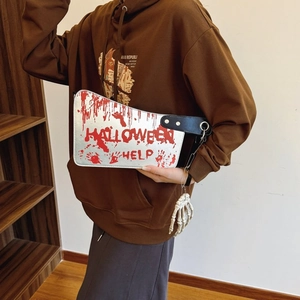 Silver Halloween cleaver handbag with red blood splatter and skull charm for women