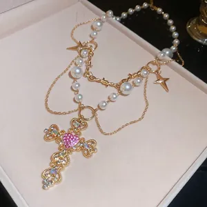 Vintage gold cross necklace with pink heart crystal and pearls in velvet box