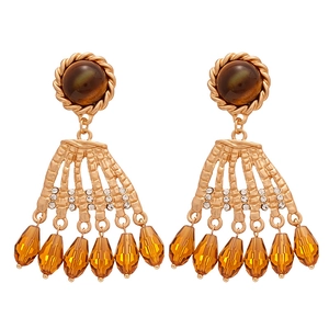 Vintage gold tiger eye crystal tassel earrings with rhinestones for elegant women