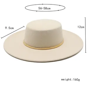 Detailed size chart for flat top wool felt fedora with 9.5cm wide brim and golden trim