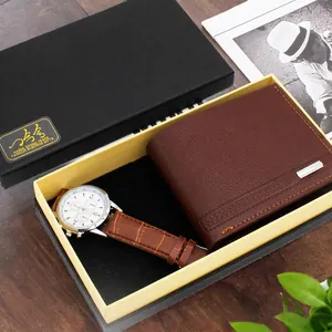 Business gift set featuring a brown leather watch and wallet in a premium display box