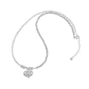 Elegant S925 sterling silver heart pendant necklace with pearly beads and adjustable chain