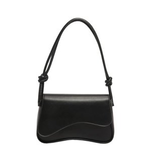 French style black leather underarm bag with knot strap design and flap closure for women