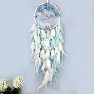 Handmade Tree of Life dream catcher with blue crystals and feathers, 16cm diameter