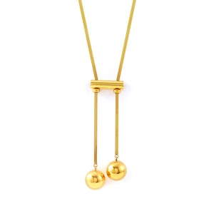 Long gold tassel necklace with double round beads and snake chain in 18K plated finish