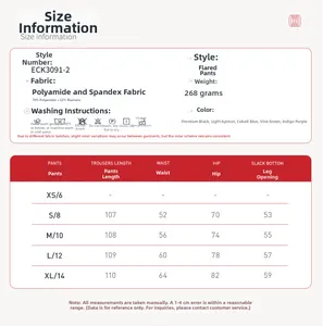 Size chart for high-waisted flared yoga pants with fabric specs and dimensions in cm