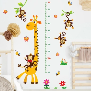 Cartoon animal height chart wall sticker for kids room featuring giraffes and monkeys
