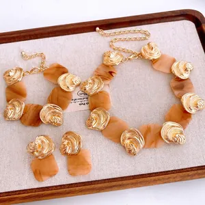 French style jewelry set with gold shell accents and marble resin square pendants