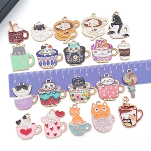 Colorful alloy cat coffee cup charms for DIY jewelry making with multiple cute designs