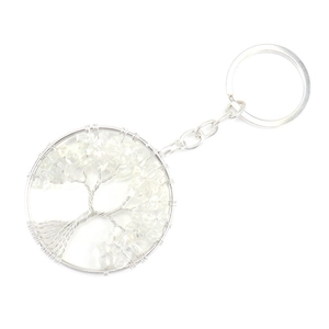 Detail of handmade silver life tree keychain with white crystal chips and wire wrap