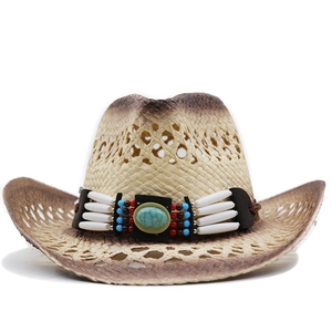 Straw cowboy hat with hollow weave and ethnic turquoise beaded band on white background