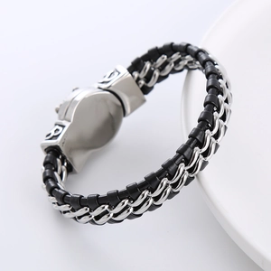 Men's punk lion head braided leather bracelet with stainless steel chain in silver tone