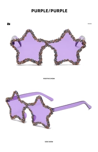 Detailed view of purple star-shaped sunglasses with rhinestone-encrusted frame edges