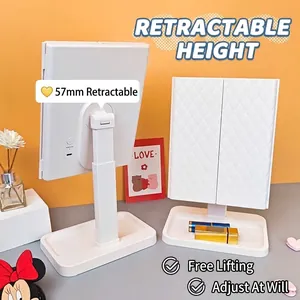 ABS LED Makeup Mirror With Lights Tri-Fold Tabletop Vanity Mirror Height Adjustable Storage Base Magnifying Touch Screen