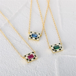 S925 silver gold chain necklace with checkered enamel and rectangle crystal pendants