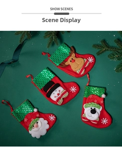 Detail of Christmas stocking ornaments featuring sequins and 3D festive characters