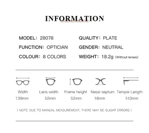 Detailed measurement chart for cat-eye eyeglass frame model 28078 with full dimensions