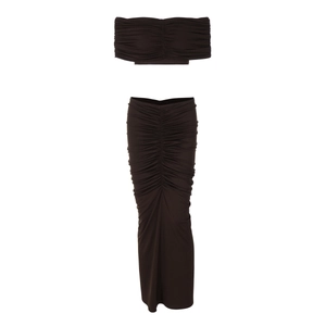 Chic dark brown two-piece set featuring a cropped tube top and ruched bodycon maxi skirt