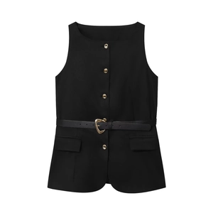 Women Sleeveless Vest Top With Belt Heart Buckle Gold Buttons Elegant Slim Solid Black Polyester