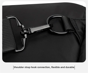 Detail of durable black metal swivel hook and nylon webbing on a shoulder bag strap
