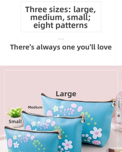 Close-up of three waterproof floral PU makeup bags in small, medium, and large sizes