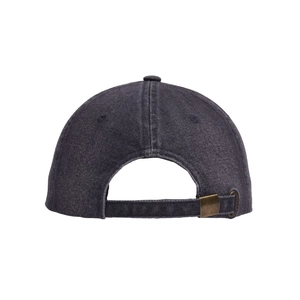 Detail of adjustable metal buckle on washed dark grey denim baseball cap with strap