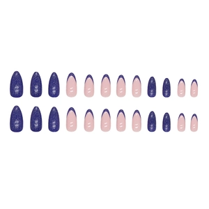 Sparkly purple and nude almond press-on nails with glitter french tips set of 24 pieces