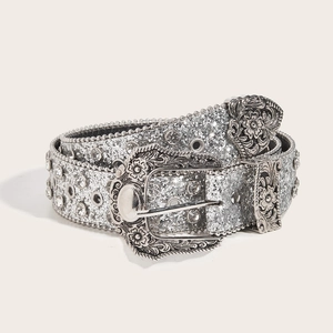 Sparkly silver rhinestone belt with western floral engraved buckle for vintage aesthetics