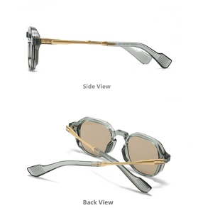 Detail view of retro sunglasses with semi-transparent green frames and gold carved temples