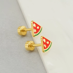 Detailed view of watermelon stud earrings with red and green enamel and screw-back closure