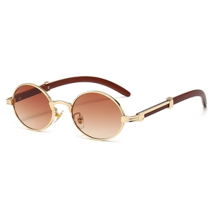 Retro round wood grain sunglasses with brown gradient lenses and gold metal frames