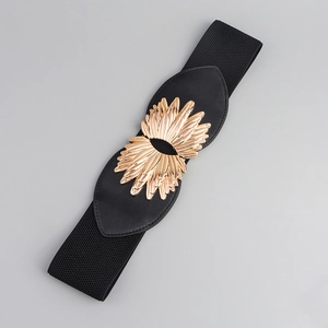 Wide black elastic waist belt with an elegant gold leaf-shaped metal buckle for women