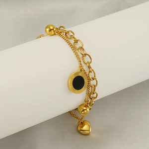 Double Layer Heart Pendant Bracelet 18K Gold Plated Stainless Steel Roman Numeral Disc Elegant Trendy Jewelry Women