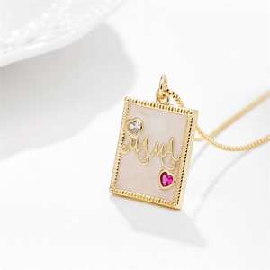 18k gold plated MOM necklace with rectangular pendant, white shell inlay and zircons