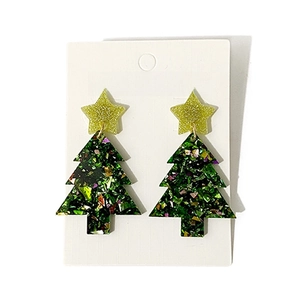 Fashionable sparkling green acrylic Christmas tree earrings with yellow glitter star studs
