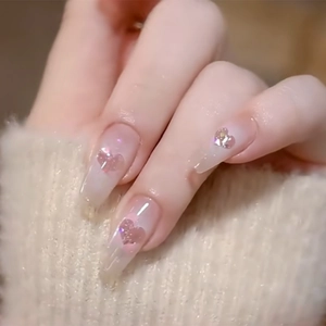 Press On Nails Pink Gradient Glitter Heart Long Coffin Fake Nails Sweet Cute Cartoon Manicure Full Cover For Women