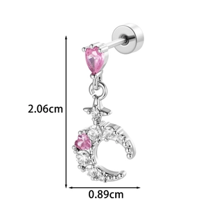 Silver moon and star stud earring with pink zircon and exact dimensions