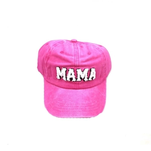 Fuchsia washed cotton baseball cap featuring white MAMA letter embroidery and adjustable back